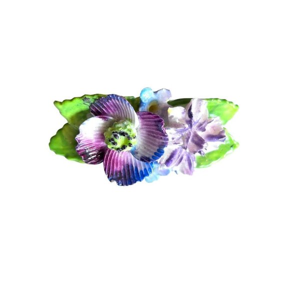 Hand Made English Bone China 1.75" Flower Brooch Pin Green Pink Purple - Picture 1 of 6